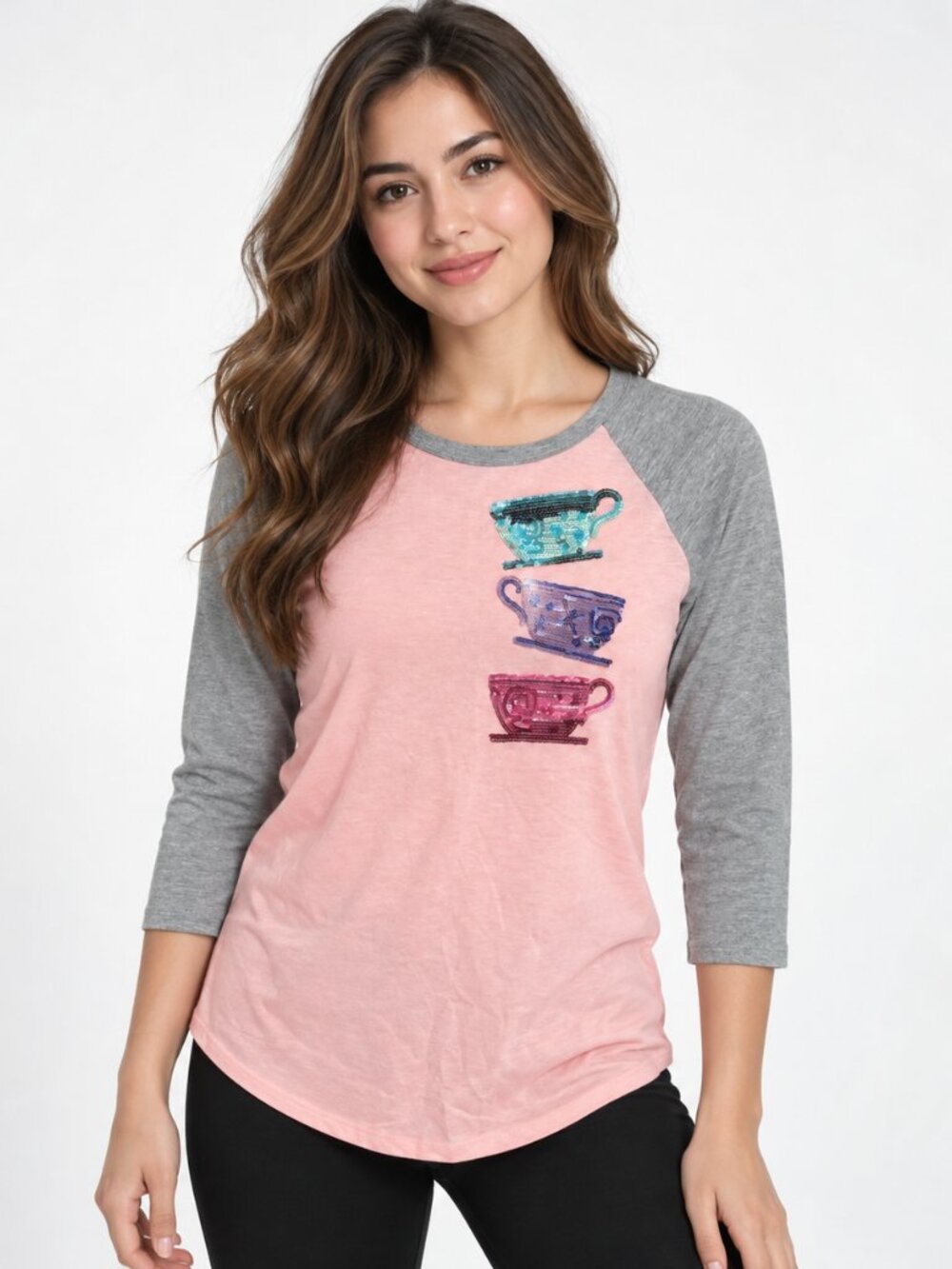 Disney Pink & Gray Raglan Tee with Sequin Teacups